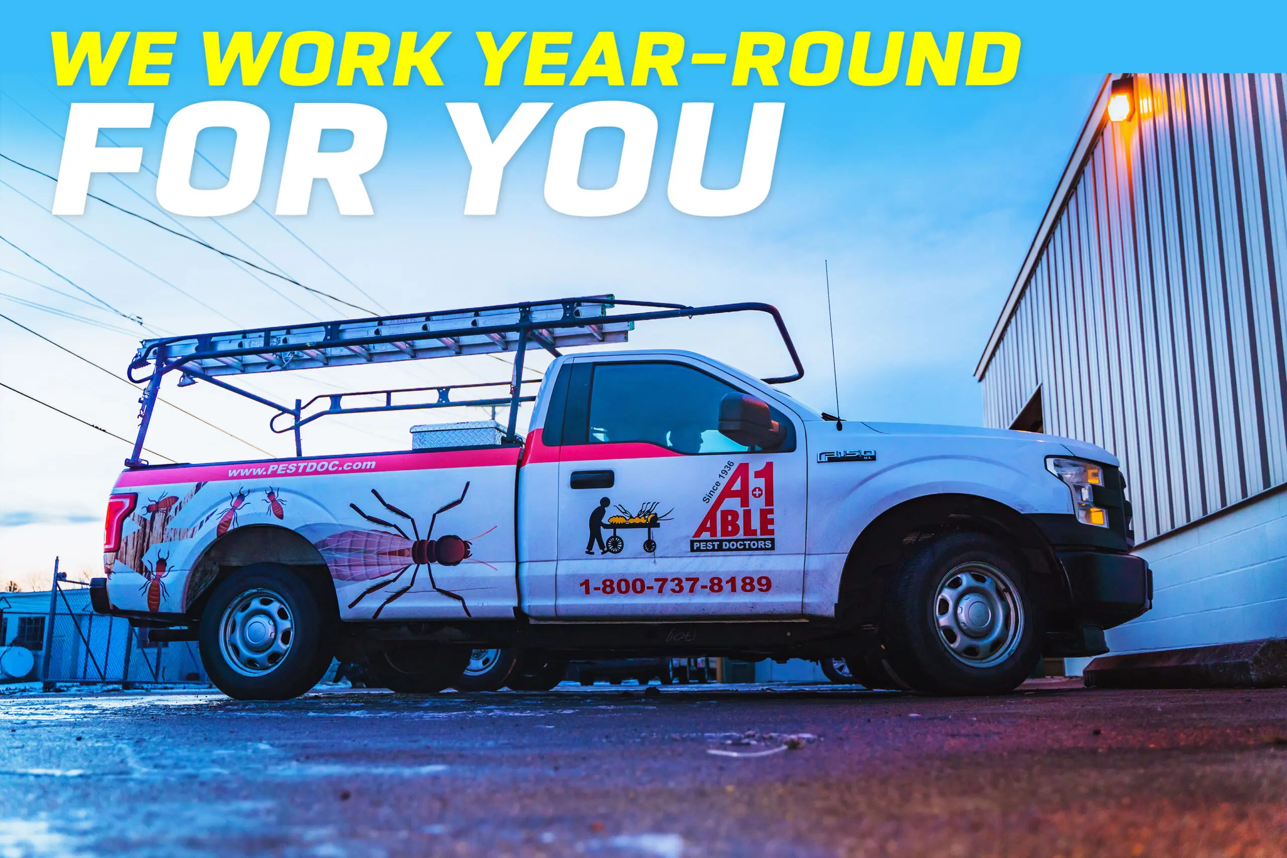A-1 Able Pest Doctors service truck parked outside a building, showing the company logo and pest control graphics.