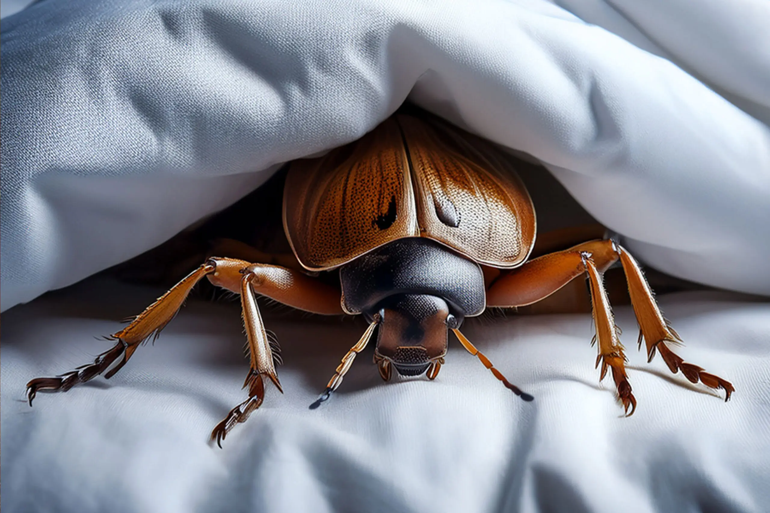 Large beetle crawling out from under white bedding, representing winter pests invading homes in Ohio.