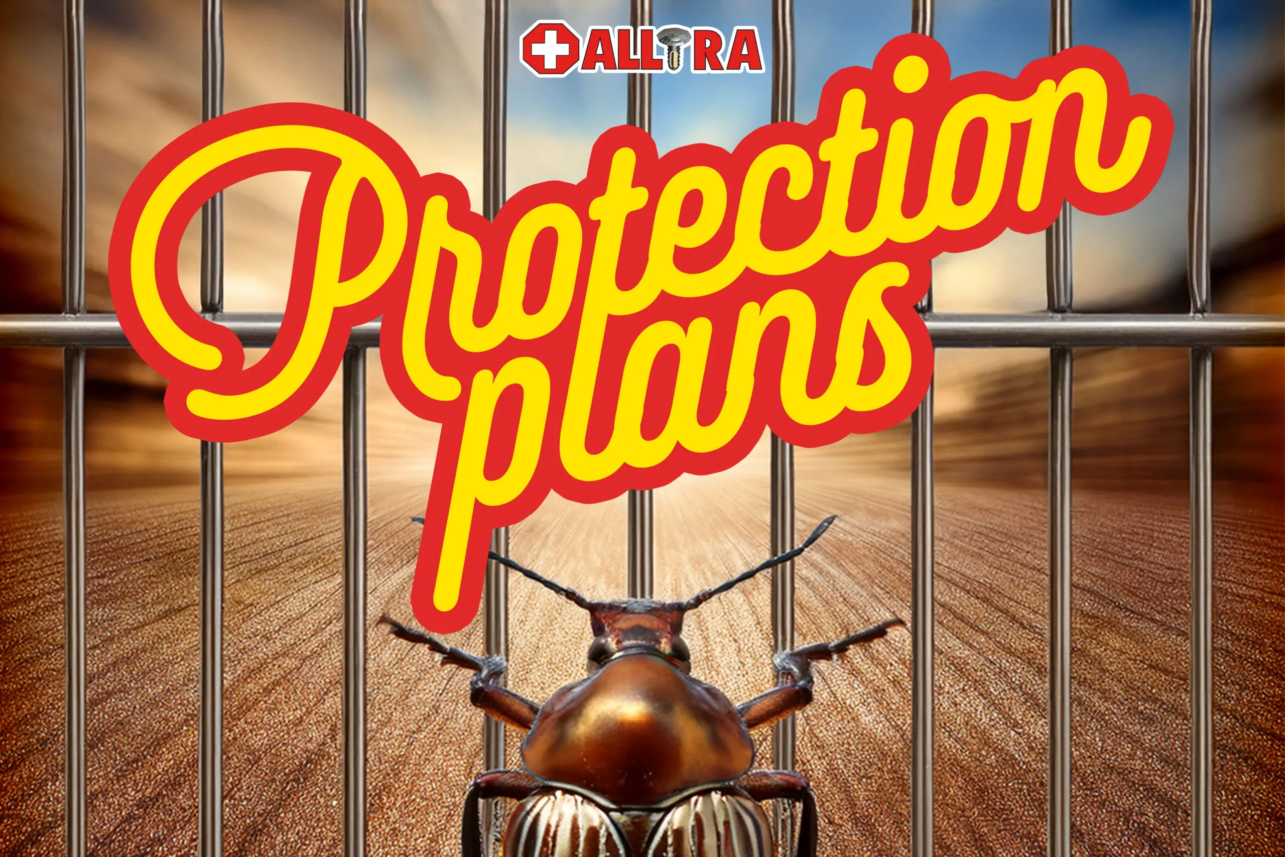 Pest protection plans graphic showing a beetle behind metal bars with the AllTra logo